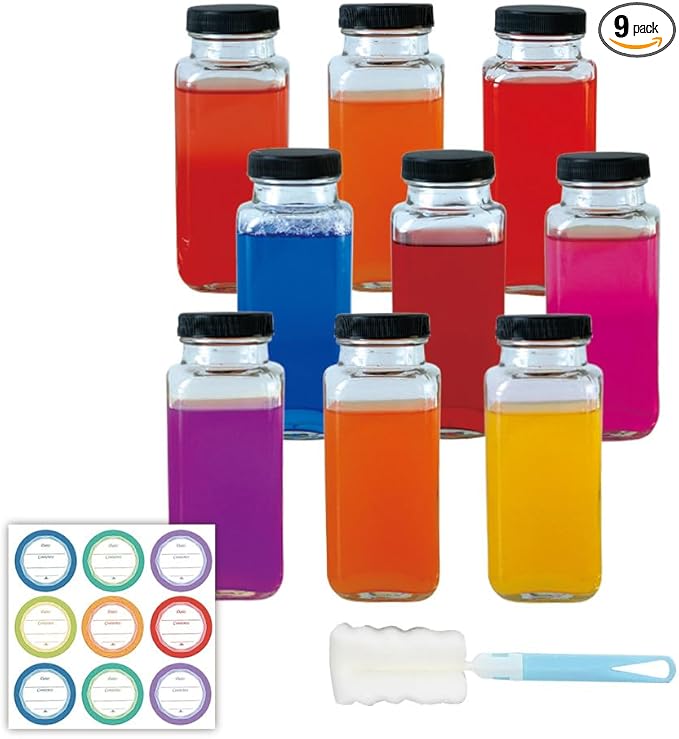ZZT 9 Pack 8 oz Glass Juice Bottles, 250 ml Glass Reusable Water Bottles with Lids, Water Drinking Jars with Labels and Brush,Water Drinking Jars for Milk,Juicing,Beverage Glassware