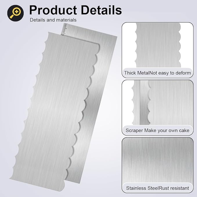 2Pcs Stainless Steel Cake Scraper - 8.6 Inch Double Sided Patterned Edge Stripe Smoother Scraper, Cake Smoother for Icing Mousse Butter Cream, Cake Decorating Comb Measuring Tool