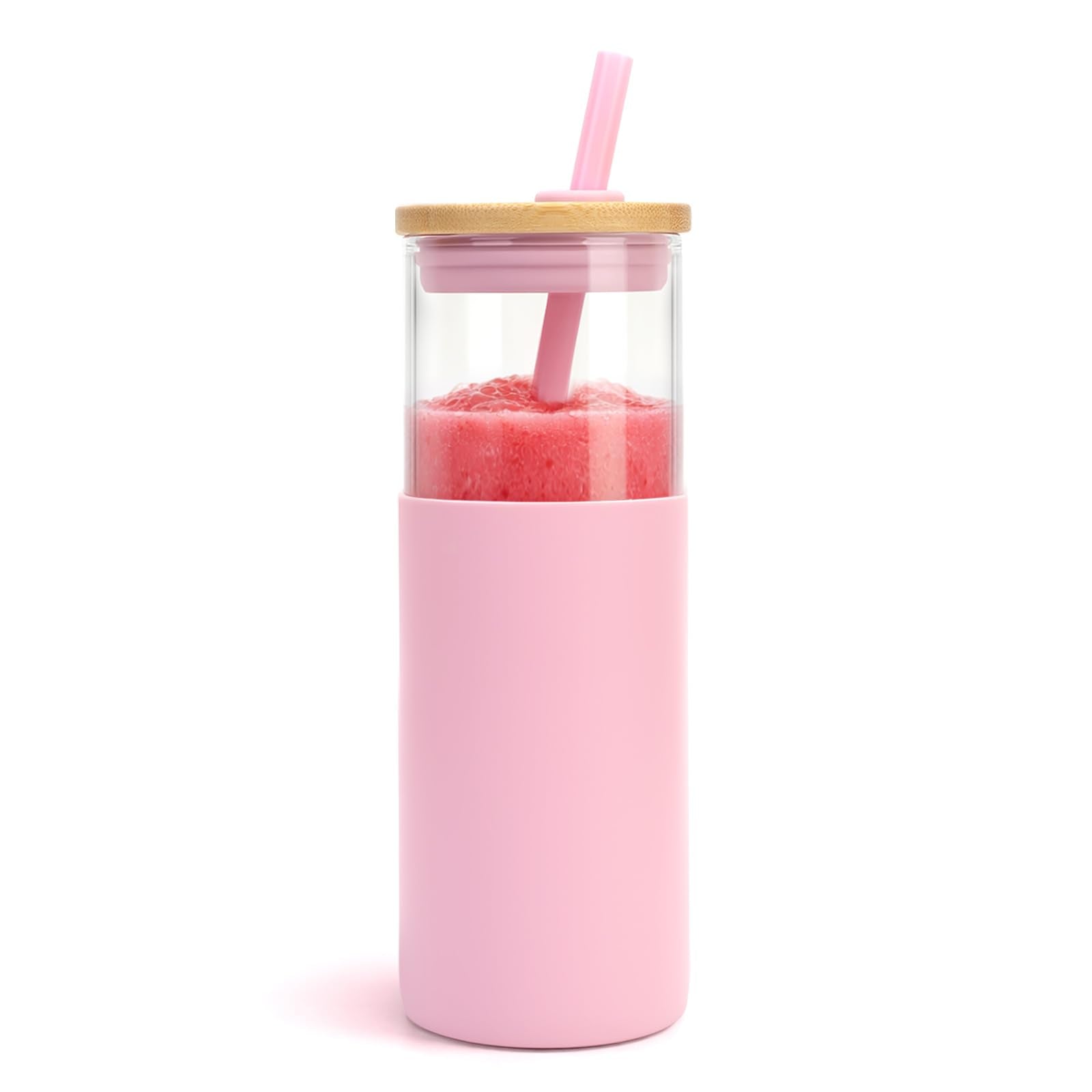 Tronco® 24 oz Glass Tumbler with Lids and Straw, Reusable Iced Coffee Cup & Smoothie Cup with Bamboo Lid, Silicone Sleeve, Dishwasher Safe, BPA-Free Borosilicate Glass, 1 Pack