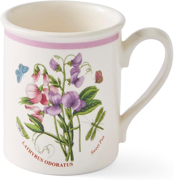 Portmerion Botanic Garden Meadow - 8.5oz Coffee Mug (Set of 6) | Assorted Florals with Colorful Laurel Leaf Border| Earthenware | Microwave & Dishwasher Safe | Breakfast Cups for Tea or Coffee