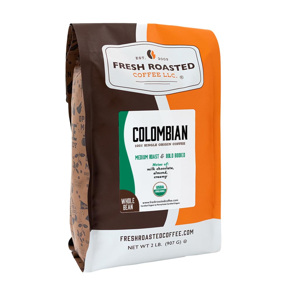 Fresh Roasted Coffee, 100% Colombian Whole Bean Coffee, Medium Roast, Kosher, 2 lb (32 oz)