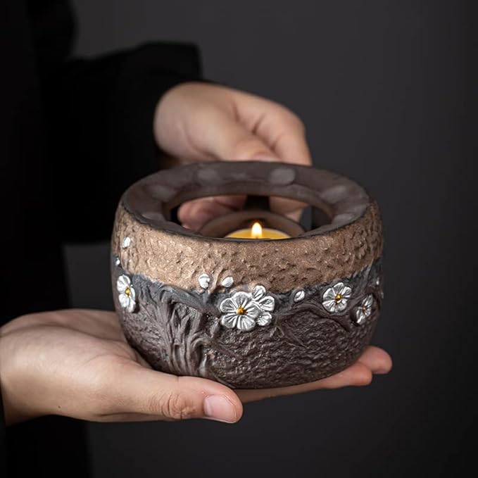 Teapot Warmer Matte Classic Retro Ceramic Universal Tea Warmer Stand Set with Candle Holder Japanese Style for Warming Tea, Coffee and Milk etc.