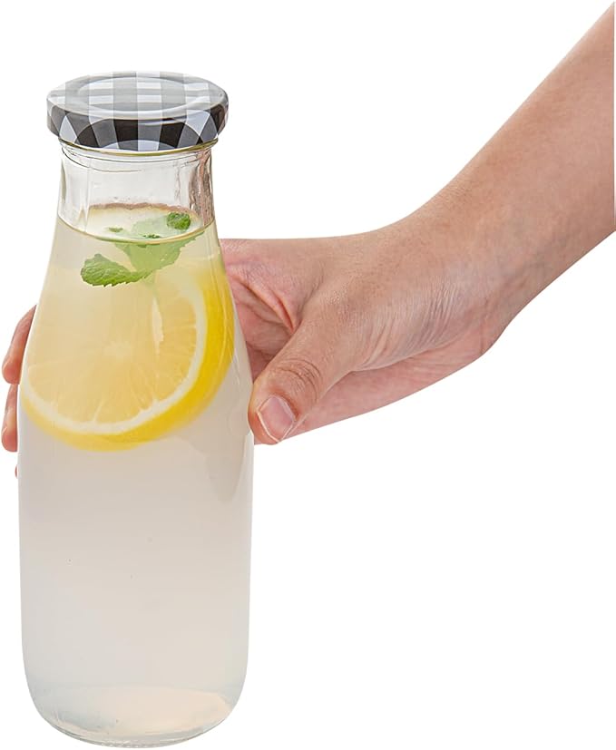 Restaurantware French Countryside 15 Ounce Glass Bottles 10 Durable Juice Bottles - With Black Plaid Lid Dishwashable Clear Glass Countryside Bottles For Hot And Cold Beverages
