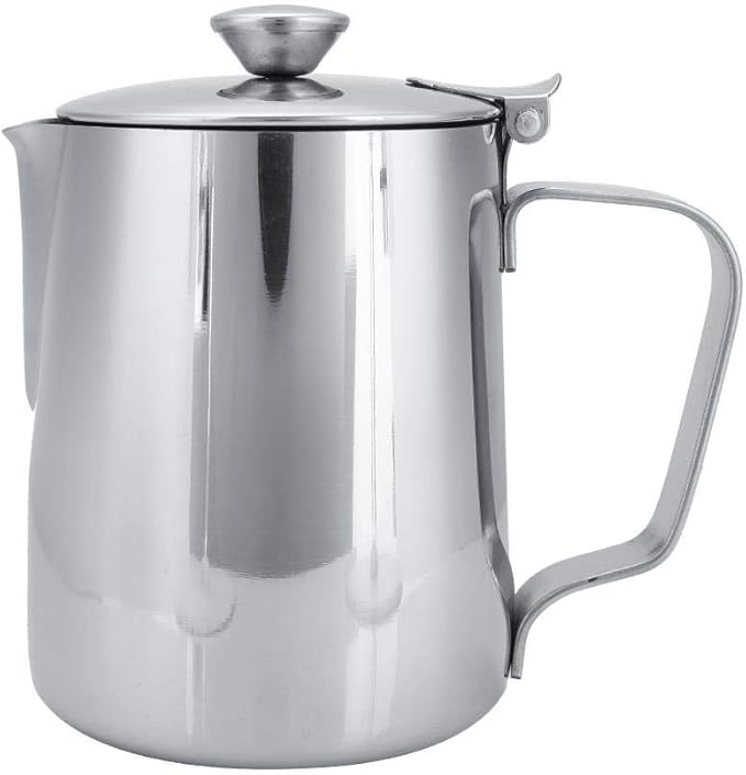 Stainless Steel Coffee Cup Mug Milk Frothing Pitcher Jug with Lid for Latte Coffee Art for Office Kitchen with handle(350mL)