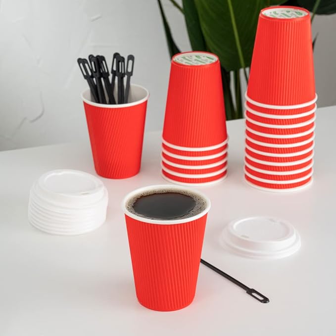Restaurantware 12 Ounce Ripple Wall Disposable Coffee Cups, 500 Insulated Midnight Red Paper Tumblers with Rolled Rim Design, Lids Sold Separately for Hot Drinks like Tea, Hot Chocolate and More