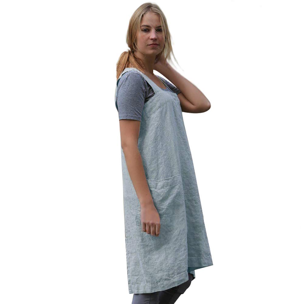 Larmliss Women's Pinafore Square Apron Baking Cooking Gardening Works Cross Back Cotton/Linen Blend Dress with 2 Pockets Light Blue-L