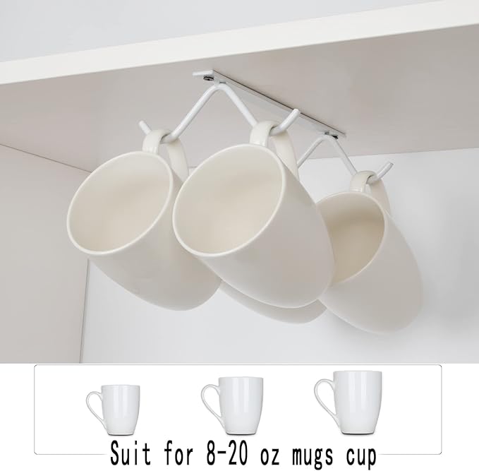 Cabinet Hook Mug Holder - Hanging Coffee Cup Rack for Kitchen, Under Cabinets Metal Hangers Organizer Shelf Storage Utensil (White)
