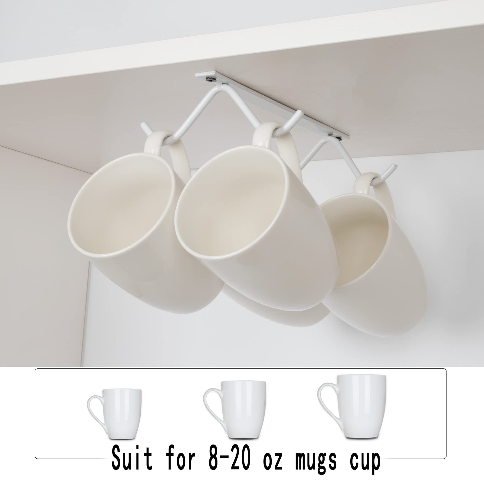 Tavery Mug Hooks Coffee Cabinet Kitchen - Cup Holder Storage Utensils Display Beer Glass Hanger Drying Rack (4, White)