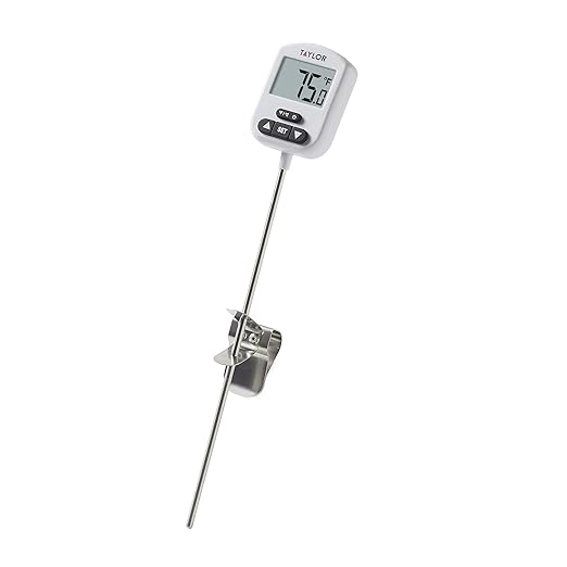 Taylor Programmable Digital Candy and Deep Fry Thermometer with Green Light Alert Display, Long Stem, and Adjustable Pan Clip, White