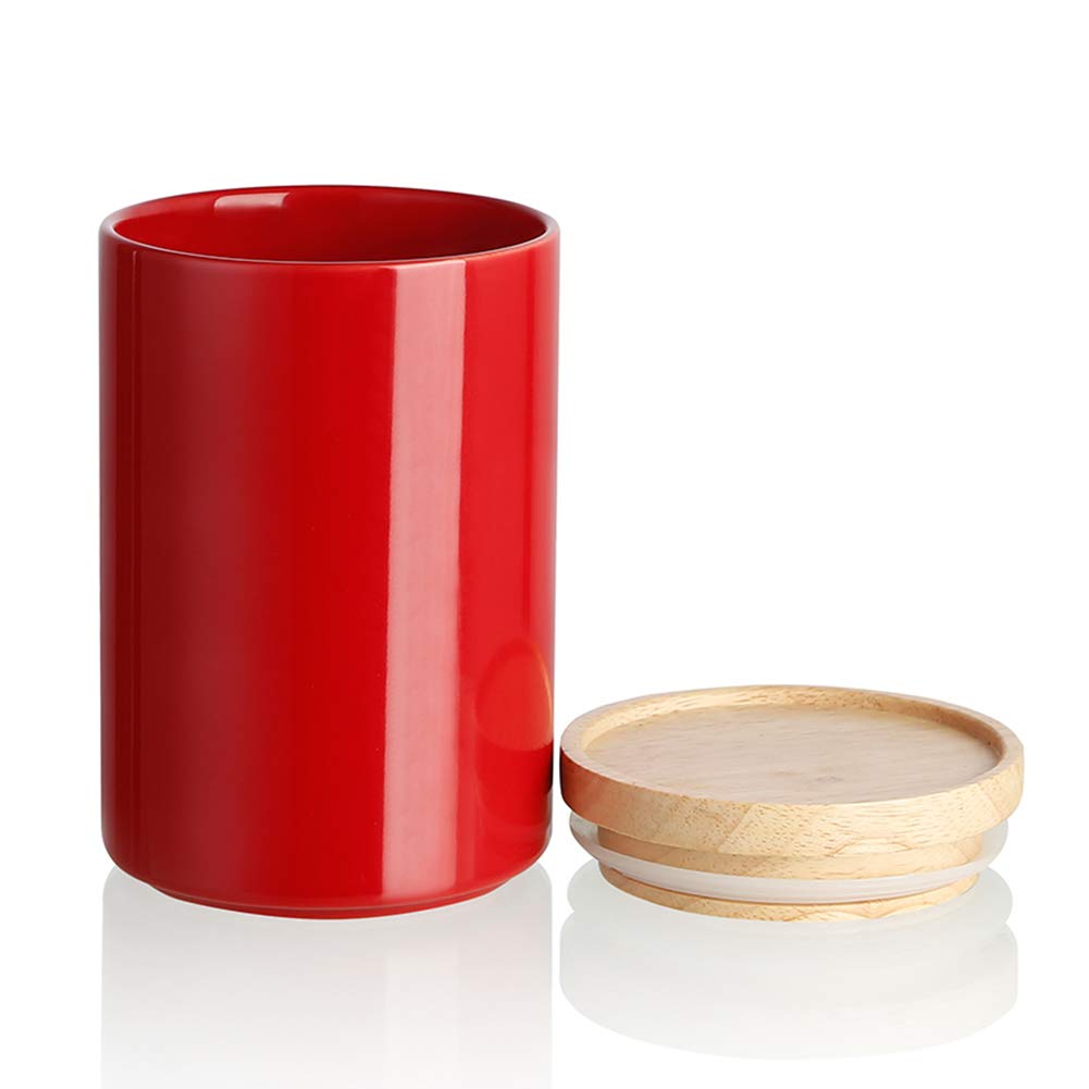 Sweejar Kitchen Canisters Ceramic Food Storage Jar, Stackable Containers with Airtight Seal Wooden Lid for Serving Ground Coffee, Tea, Sugar, Salt and More - 28 Fl Oz (Red)