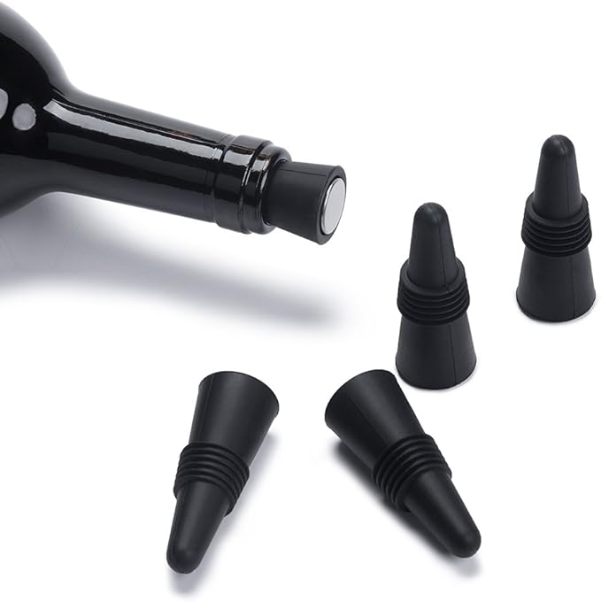 OHMAXHO Wine Stoppers (Set of 5), Silicone Wine Bottle stopper and Beverage Bottle Stoppers, Black