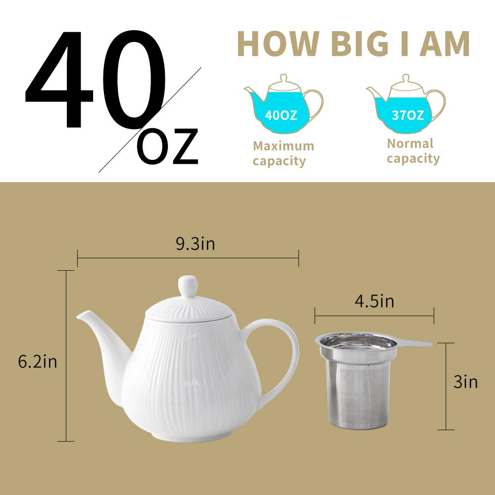 KOOV Ceramic Teapot with Infuser, 40 ounce Tea Pot with Infuser for Loose Tea, Large Enough For 6 Cups, Tea Kettles, Non-Electric (Cream)