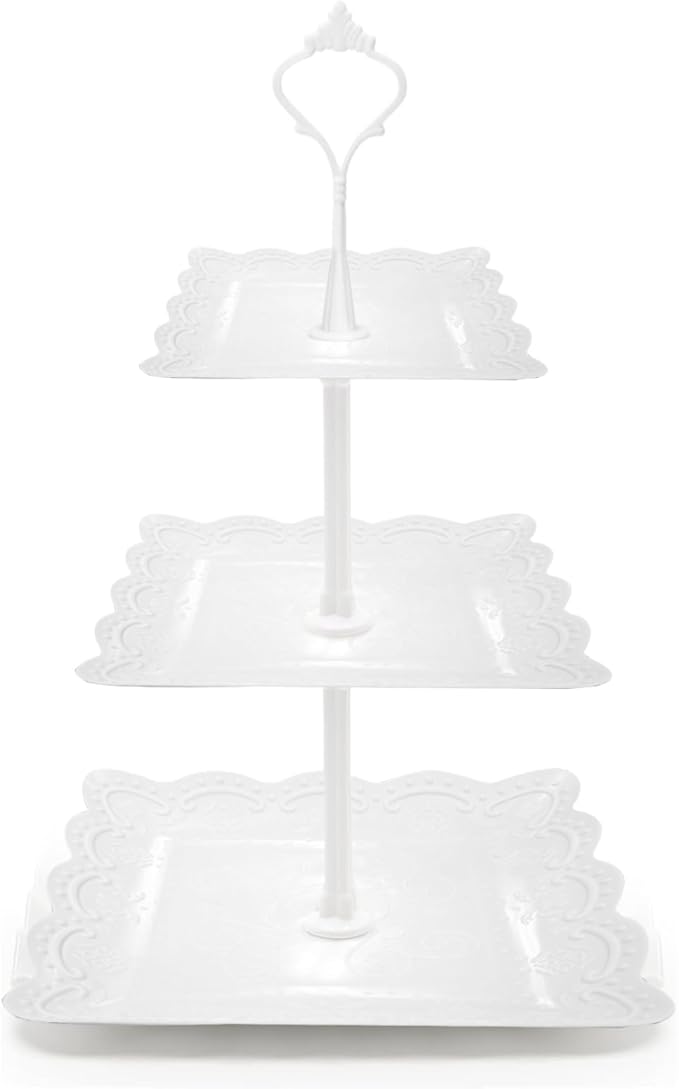 3 Tier Cupcake Stand, Durable Plastic 3 Tier Serving Tray for Cupcake, Fruit, Chocolate, Cookies, Square White Embossed Tiered Tray Stand for Wedding, Baby Shower, Party