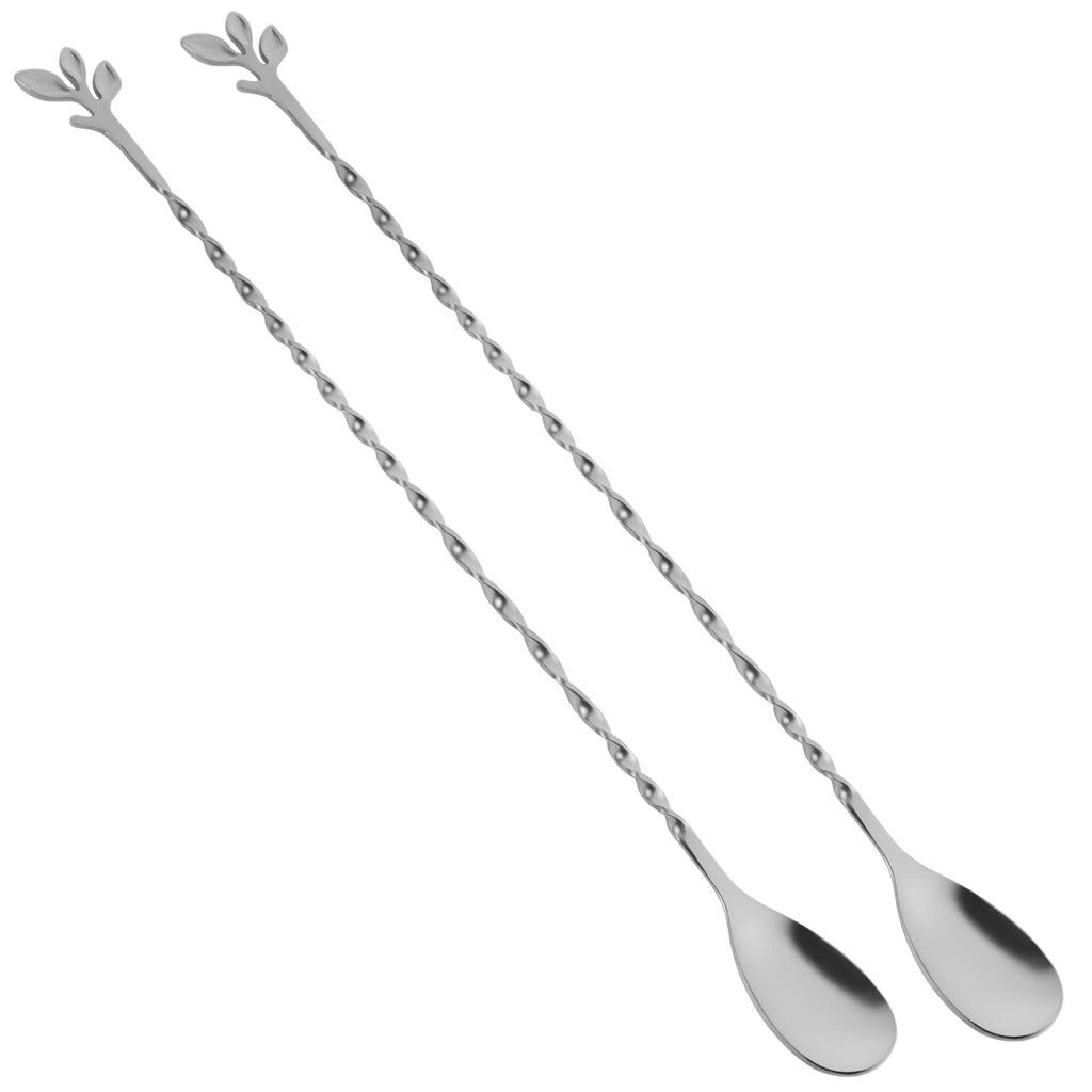 AnSaw Silver 12-Inch Stainless Steel Cocktail Spoon with Leaf Handle - Perfect for Mixing & Layering Drinks in Tall Cups, Bar & Shakers - Durable Long Handle Bar Stirrer,2-Pieces