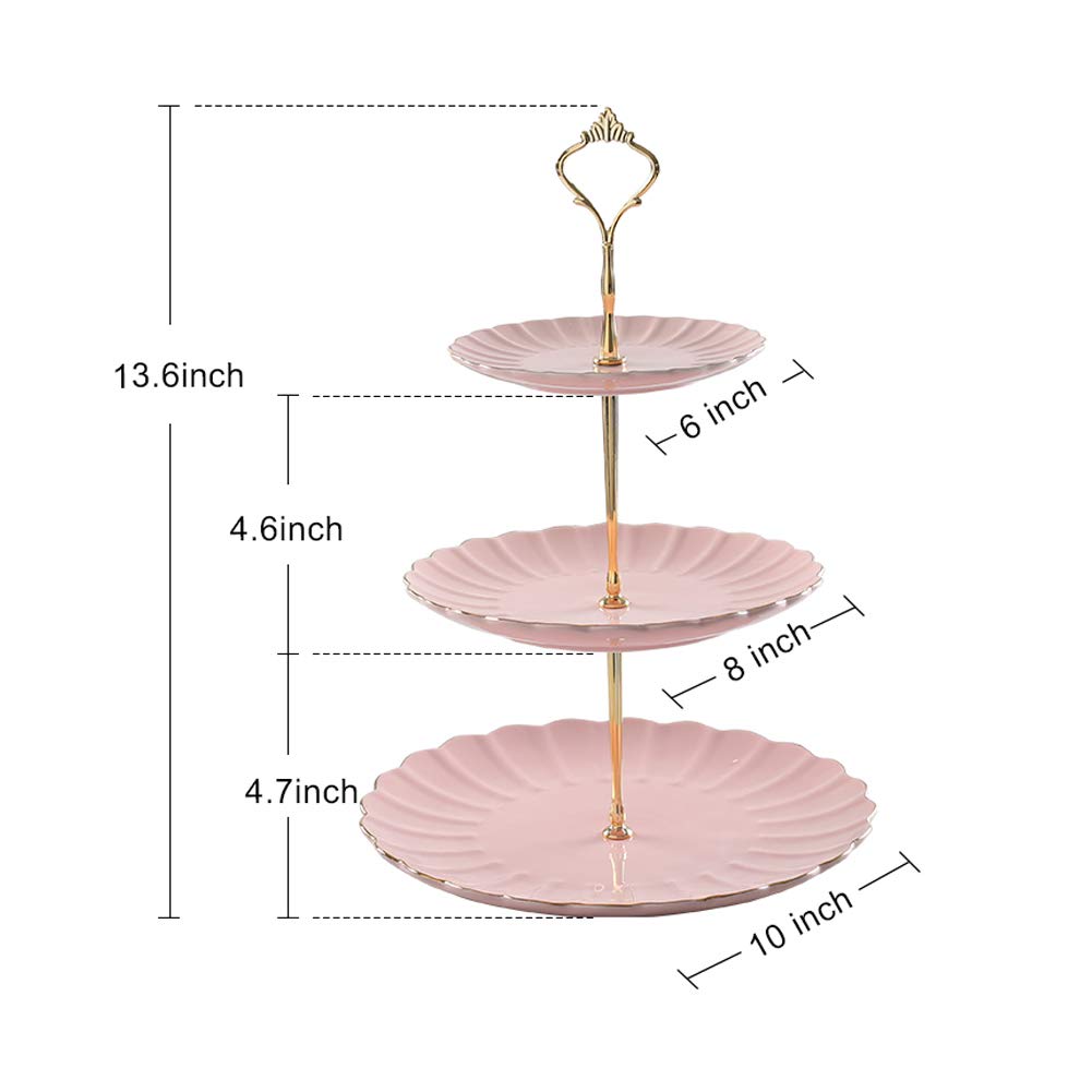 Sweejar 3 Tier Ceramic Cake Stand Wedding, Dessert Cupcake Stand for Tea Party Serving Platter (Pink)