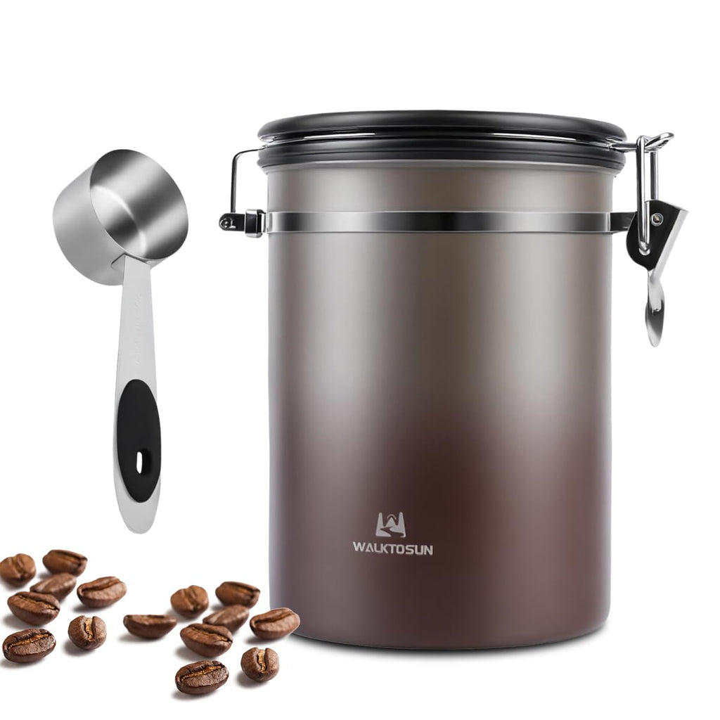 Coffee Canister Airtight Storage Container Stainless Steel Coffee Jar with Scoop,Date Tracker CO2 Release Valve for Dry Food Beans Ground Tea Flour Cereal and Sugar (1.8L Grey-Brown With Spoon)