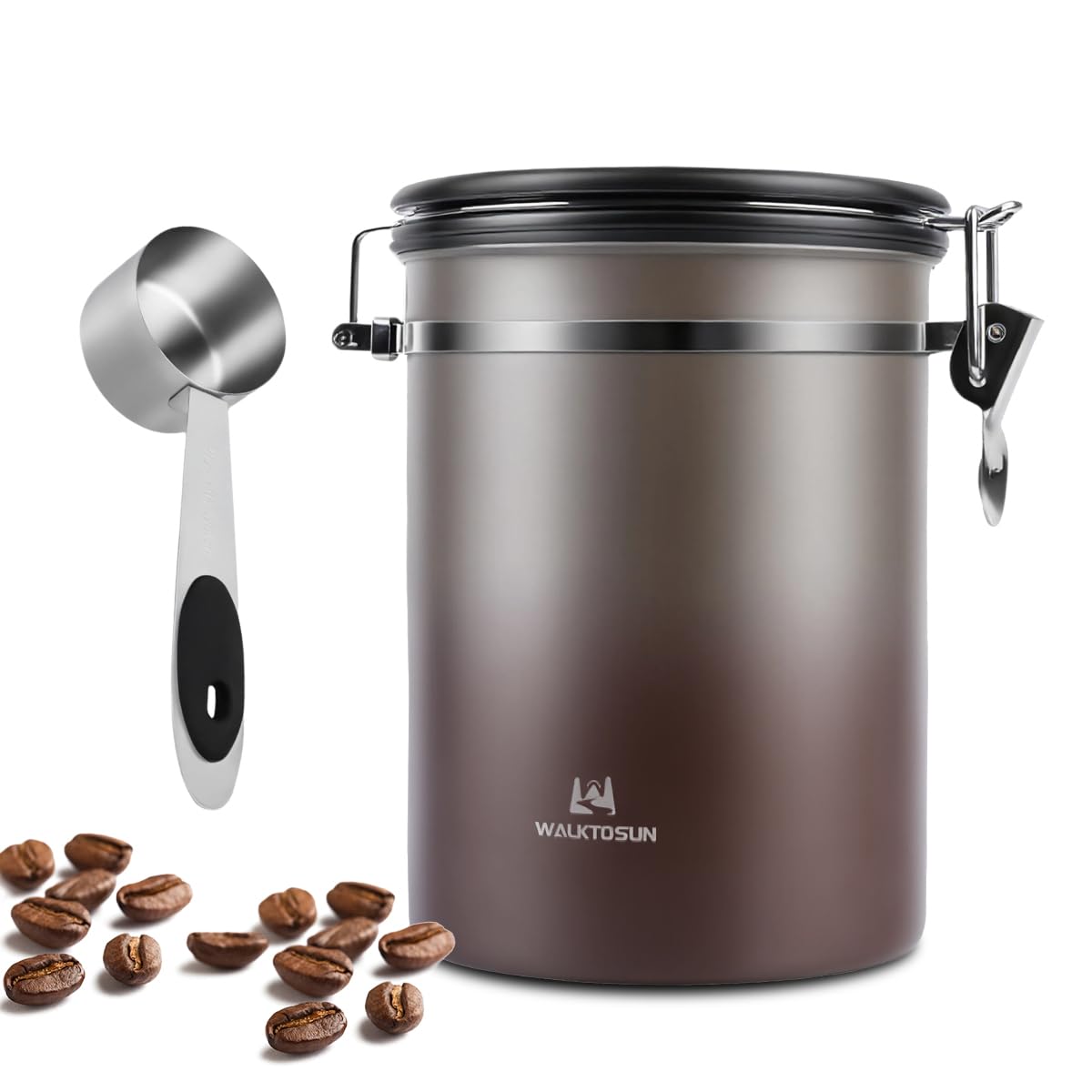 Coffee Canister Airtight Storage Container Stainless Steel Coffee Jar with Scoop,Date Tracker CO2 Release Valve for Dry Food Beans Ground Tea Flour Cereal and Sugar (1.8L Grey-Brown With Spoon)