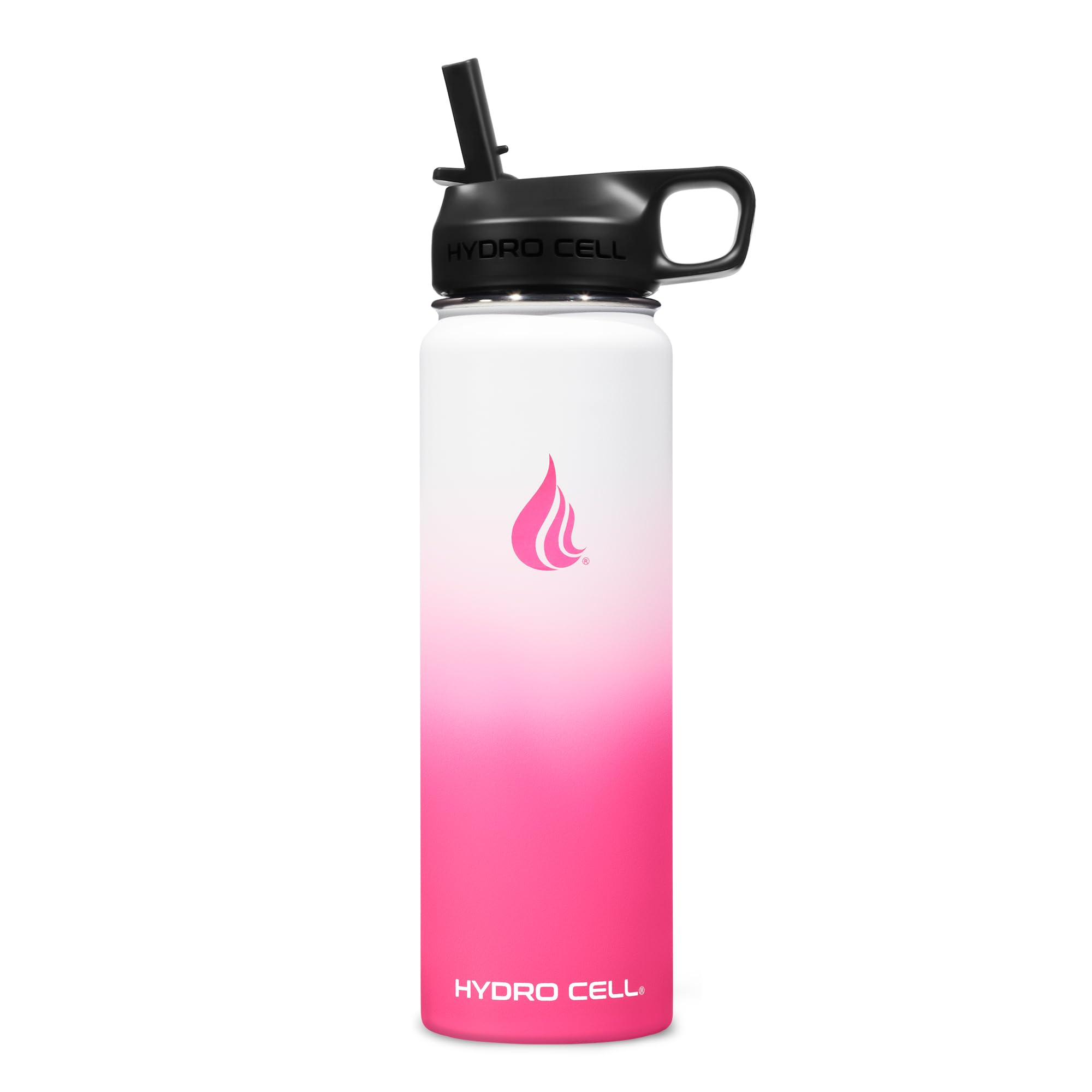 HYDRO CELL Stainless Steel Insulated Water Bottle with Straw - For Cold & Hot Drinks - Metal Vacuum Flask with Screw Cap and Modern Leakproof Sport Thermos for Adults (White/Pink 24oz)