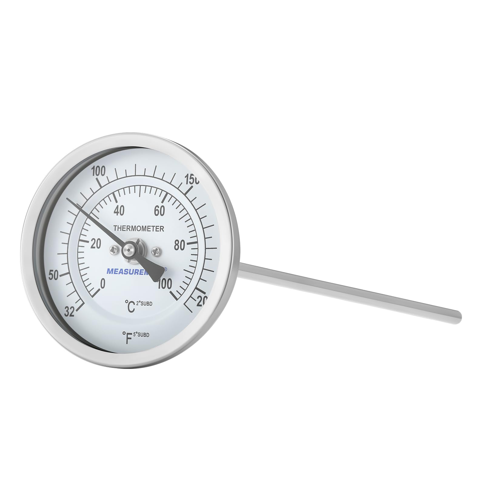Measureman Fully Stainless Steel Bi-Metal Dial Thermometer, 3" Dial, 12" Stem, 32-212°F/0-100°C Range, +/-1% Accuracy, Adjustable, 1/2" NPT Back Mount