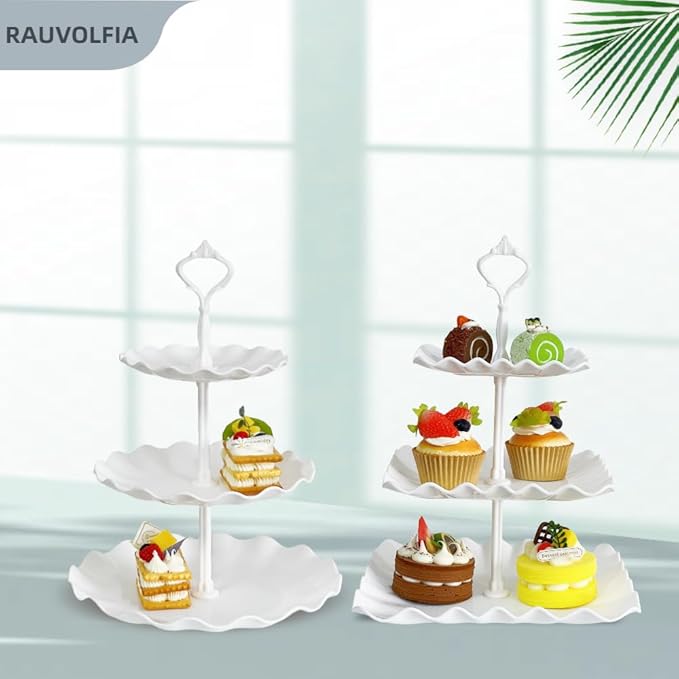 2 Set of 3-Tier Plastic Cupcake Stand Dessert Plates Mini Cakes Fruit Candy Display Tower White for Birthday Tea Party Baby Shower Serving Tray