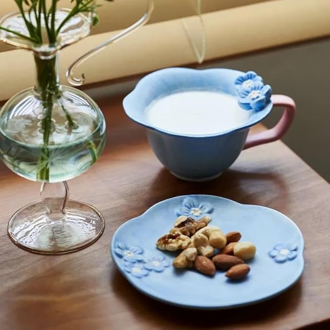 Floral Tea Cups and Saucers, Ceramic Cute Coffee Mug for Women Tea Party, Cappuccino Latte Milk (Blue)