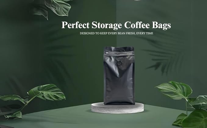 Premium Coffee Bags with Valve (100 pcs, 16 oz) Standing Coffee Beans Storage Bags, Reusable Heat Sealable Side Zipper Pouches, Eco-Friendly Packaging, Perfect for Home and Office - Black