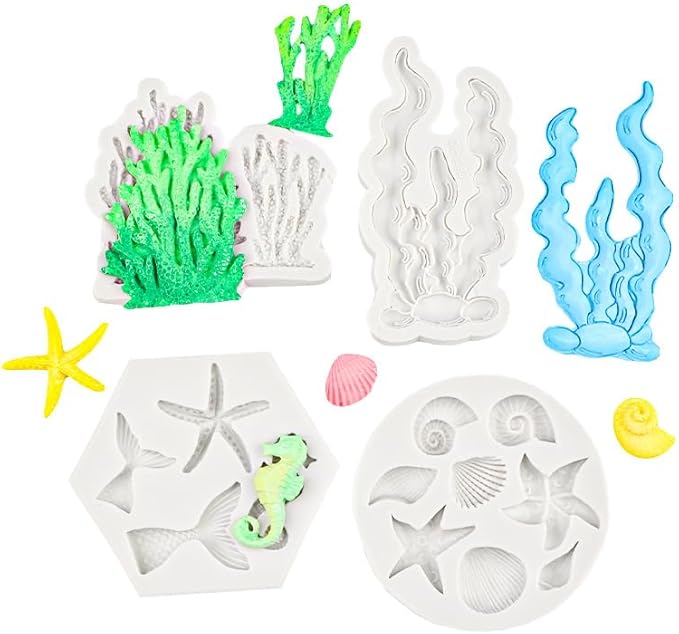 Ocean Chocolate Fondant Mold Set Food-Grade Silicone Baking Molds with Shell, Starfish, Seashell Beach Life Phrases, Reusable for Under the Sea Cakes, Cupcakes & Party Treats - 8 Pack