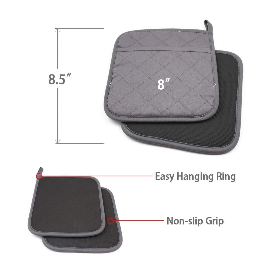 YEKOO 2Pcs Cotton and Neoprene Oven Pads Pot Holders with Pocket 8"x8.5" Dual-Function Hot Pad Set for Finger Hand Wrist Protection Heat Resistant to 428°F,Gray