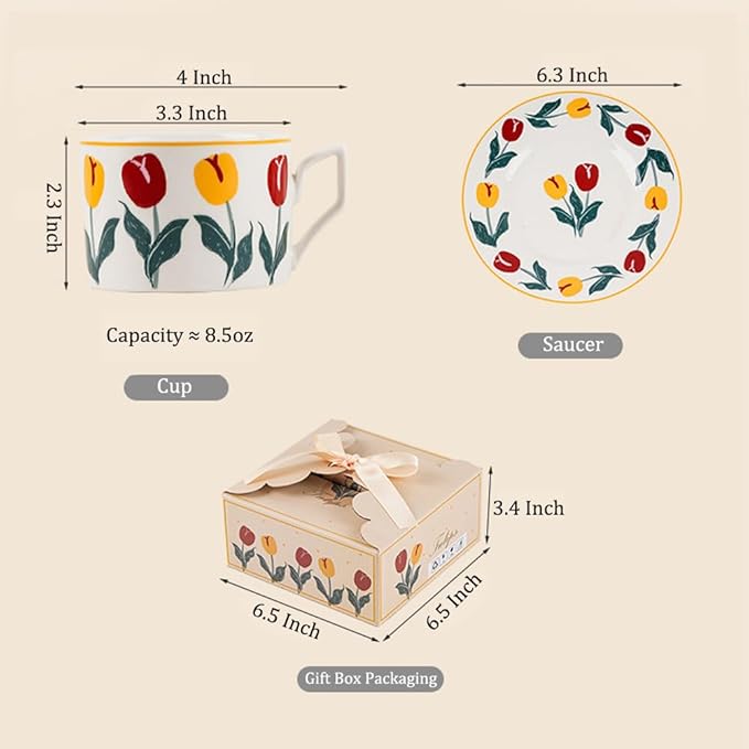 Ceramic Coffee Cup with Saucer, 8.5oz Floral Porcelain Tea Cup with Premium Gold Spoon and Gift Box, Dishwasher and Microwave Safe, Cup Mug for Coffee Cappuccino Espresso Latte