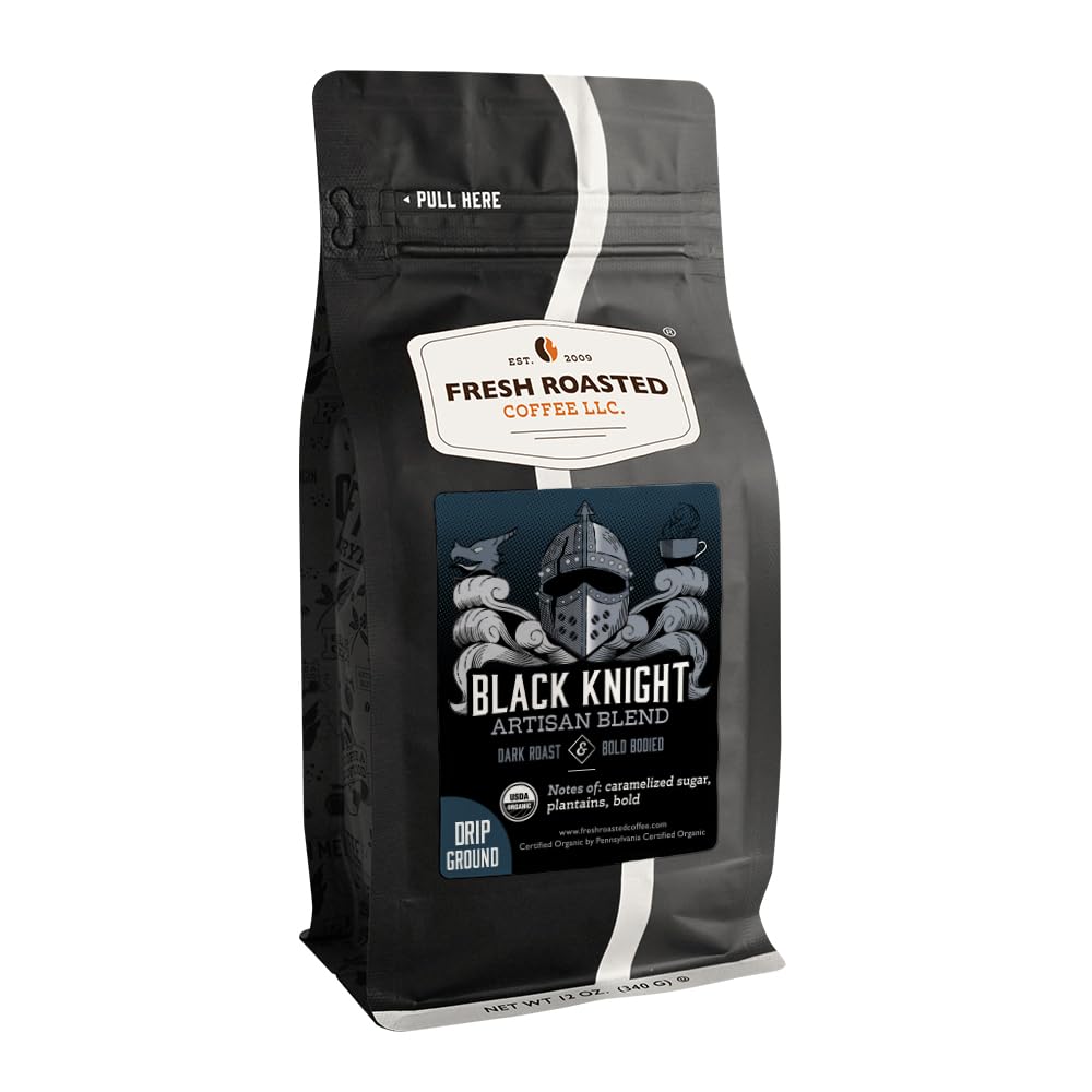 Fresh Roasted Coffee, Organic Black Knight Drip Ground Coffee, Dark Roast, USDA Organic, Kosher, 12 oz