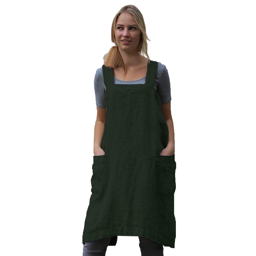 Larmliss Women's Pinafore Square Apron Baking Cooking Gardening Works Cross Back Cotton/Linen Blend Dress with 2 Pockets Dark Green-L