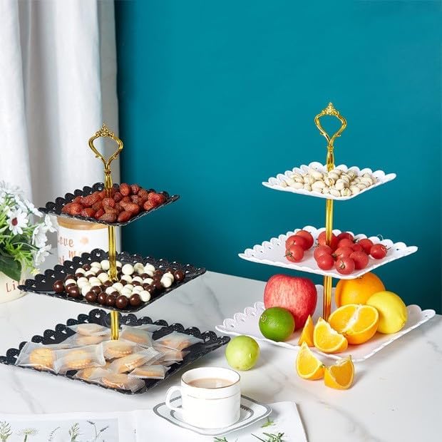 2 Pack of Large Plastic Dessert Stands, 3 Tier Cupcake Stand, 3 Tiered Serving Display Stand Reusable Pastry Dessert Tower Tray/Platter for Tea Party, Baby Shower and Wedding (White)