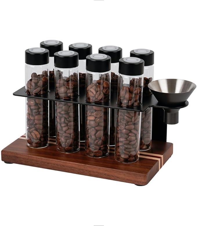 watchget Single Dose Coffee Storage Tubes 10 Pcs Dosing Glass Vials with One-way Exhaust Valve Lids Coffee Bean Storage Coffee Bean Cellar with Hopper & Wood Base, B