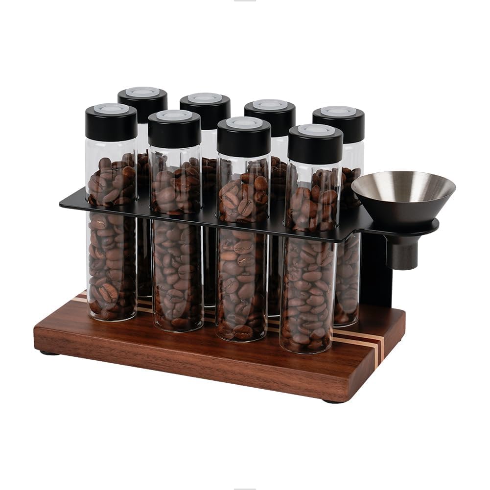 watchget Single Dose Coffee Storage Tubes 10 Pcs Dosing Glass Vials with One-way Exhaust Valve Lids Coffee Bean Storage Coffee Bean Cellar with Hopper & Wood Base, B