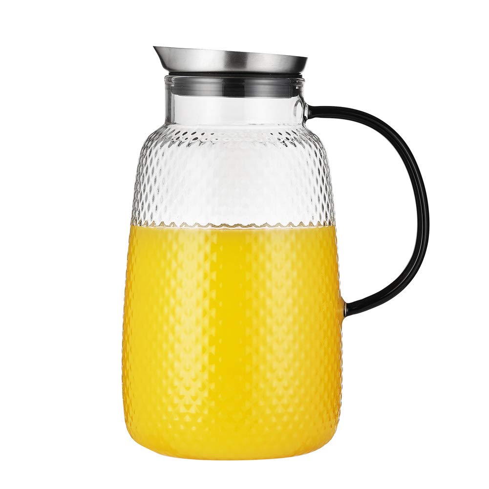 Purefold Pitcher with Lid, Glass Jug with Stainless Steel Lid for Hot and Cold Water, Fruit Tea, Coffee Maker, Ice Tea, Juice, Pineapple Series (Clear, 80 oz)