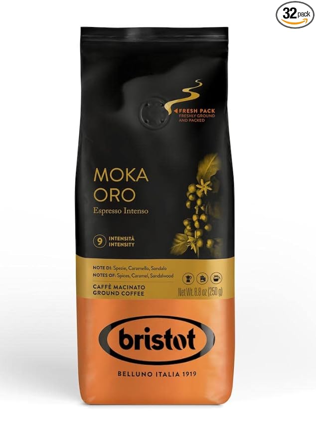 Bristot Moka Oro Ground Coffee | Italian Ground Espresso | Medium Roast | 32 Bags