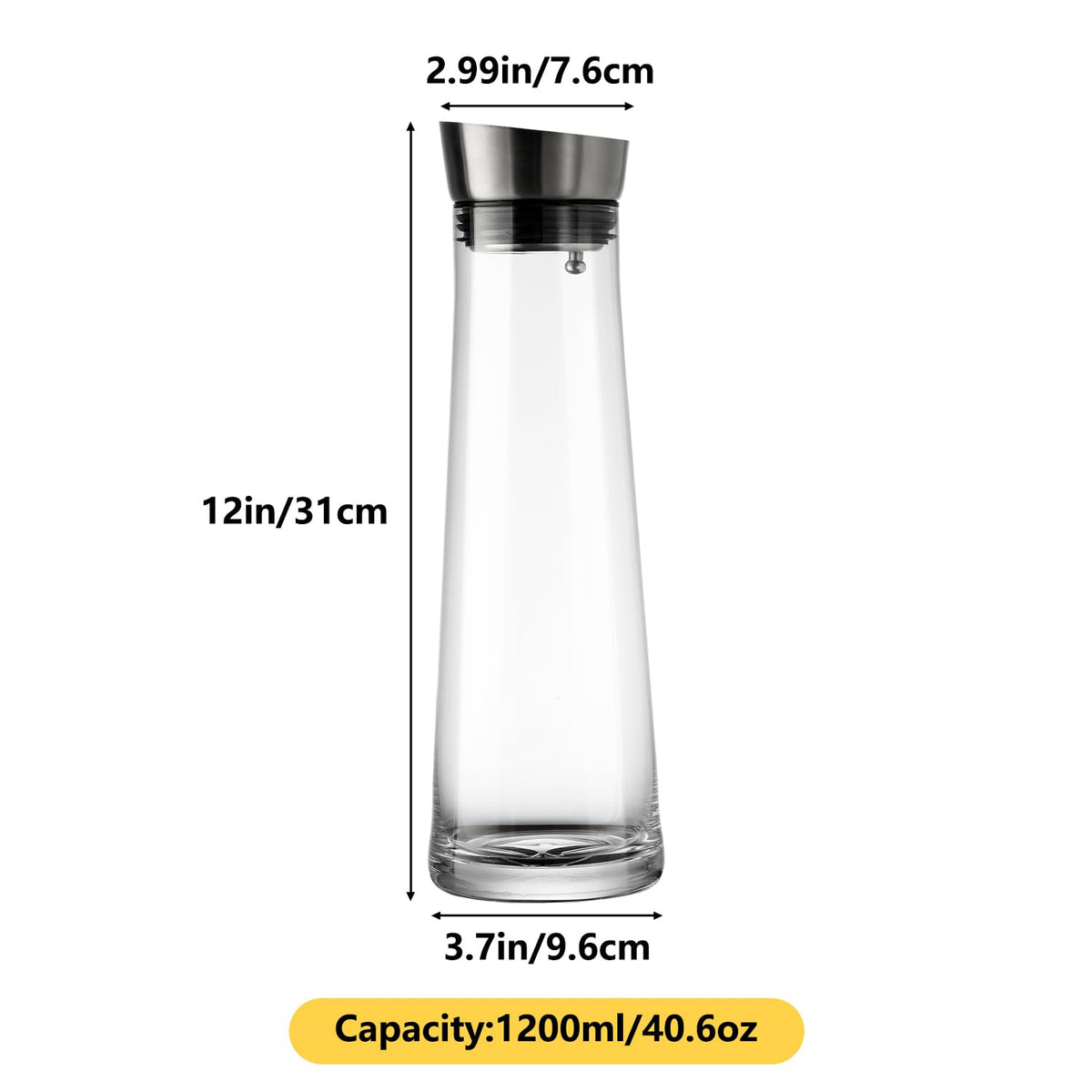 GLASKEY Glass Water Carafe with Lid,1200ml Borosilicate Glass Juice Pitcher with Stainless Steel Gravity Lid,Clear Water Pitcher for Ice Tea, Lemonade, Coffee,Juice Beverage,40 oz