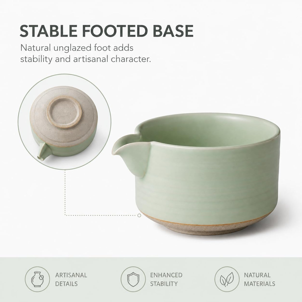 OUGETHER Matcha Traditional Porcelain Tea Bowl with Pour Spout - Hand Made Porcelain with Light Green Matte Glaze - Perfectly Whisked Matcha Green Tea, 430ml/ 14.5oz