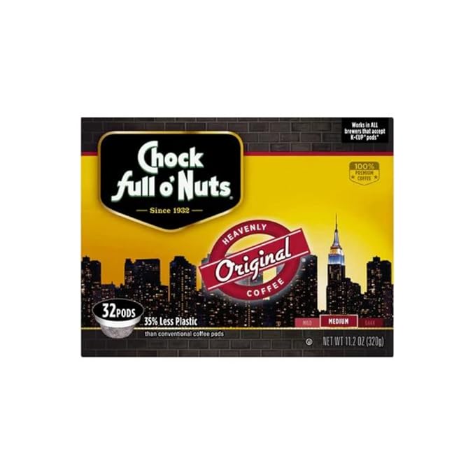 Chock Full o' Nuts Heavenly Original Keurig K-Cup Pods for Keurig Brewers – Premium Arabica, Medium Roast – Single Serve – 1 Pack of 32 K-Cup Pods