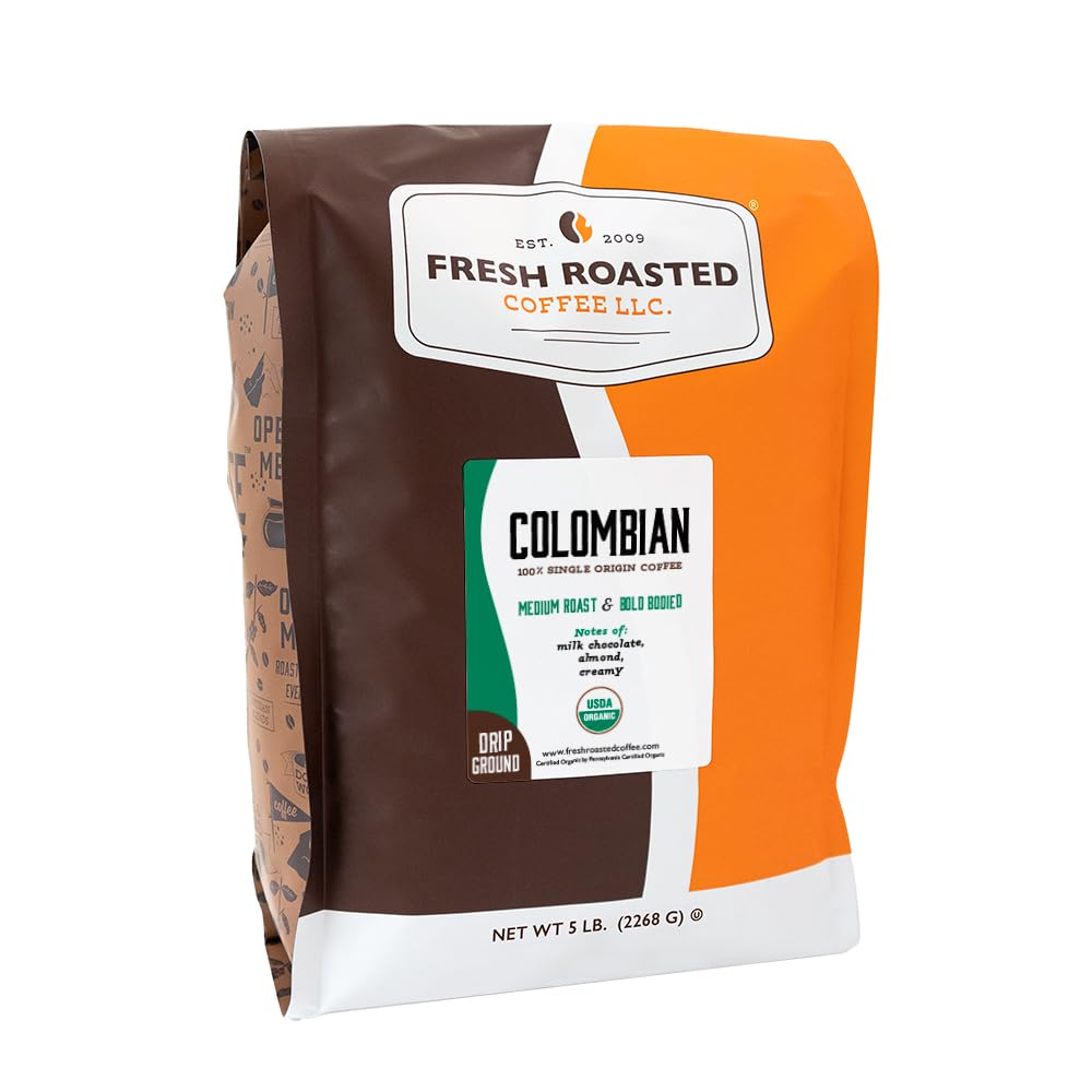 Fresh Roasted Coffee, Organic Colombian Drip Ground Coffee, Medium Roast, USDA Organic, 100% Single Origin, Kosher, 5 lb (80 oz)