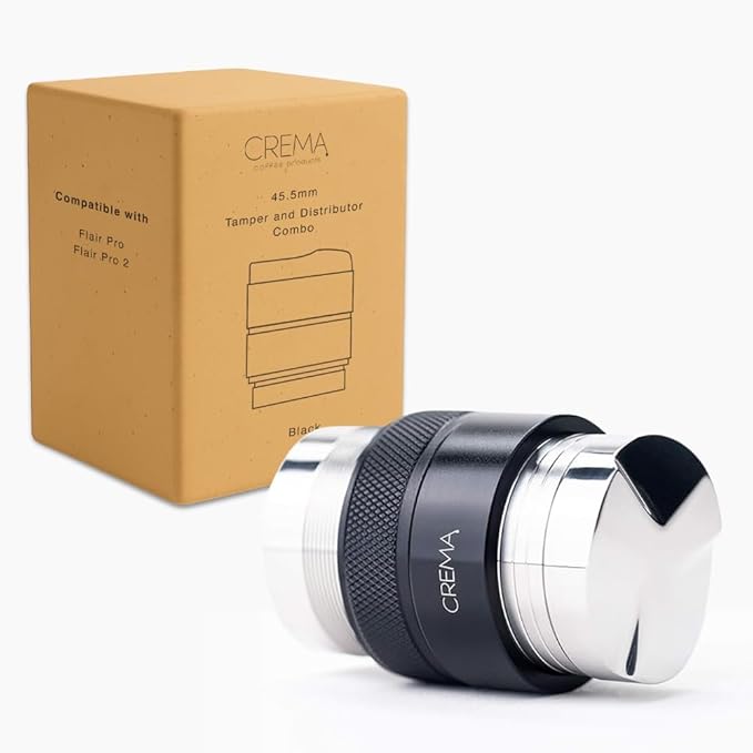 Crema Coffee Products 45.5mm Hand Tamper & Coffee Distributor V2 | Compatible with Flair Pro and Pro 2 | Double-Sided, Adjustable Depth Tool | Made with Durable 304 Stainless Steel | Black
