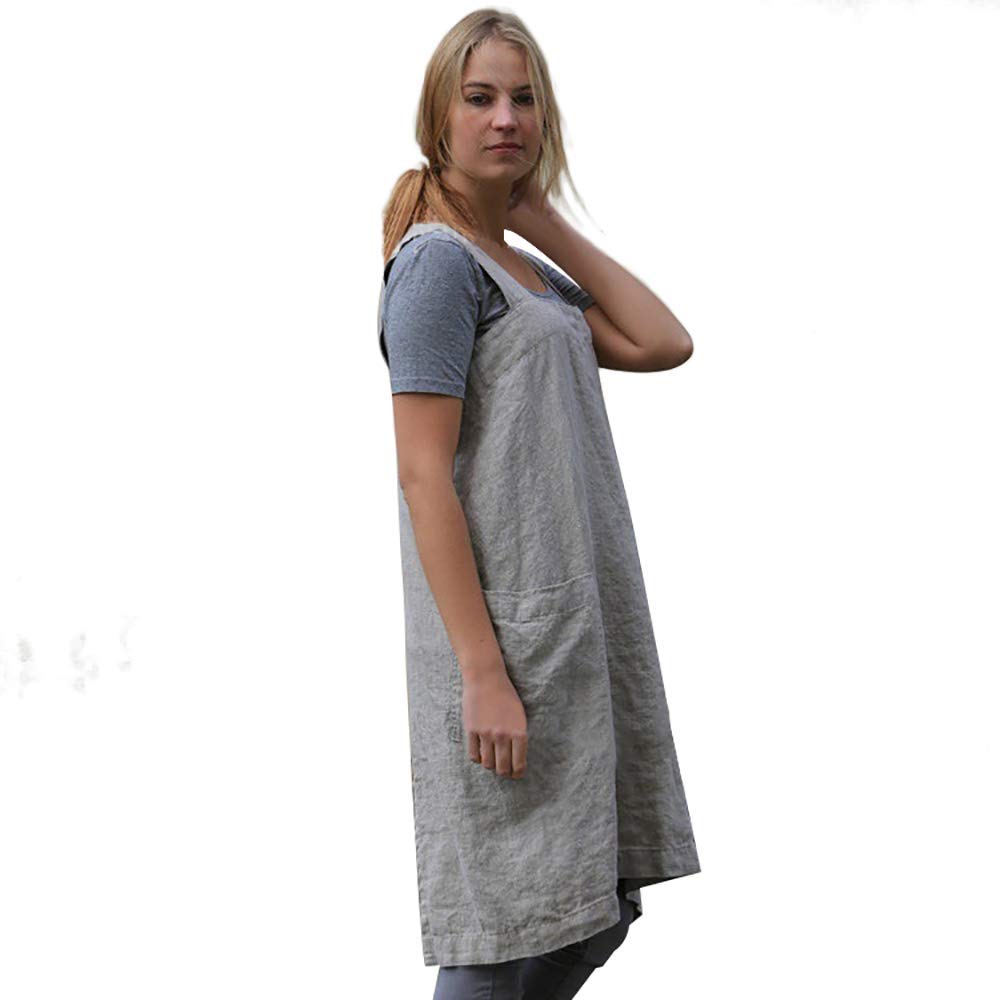 Larmliss Women’s Pinafore Square Apron Baking Cooking Gardening Works Cross Back Cotton/Linen Blend Dress with 2 Pockets Gray