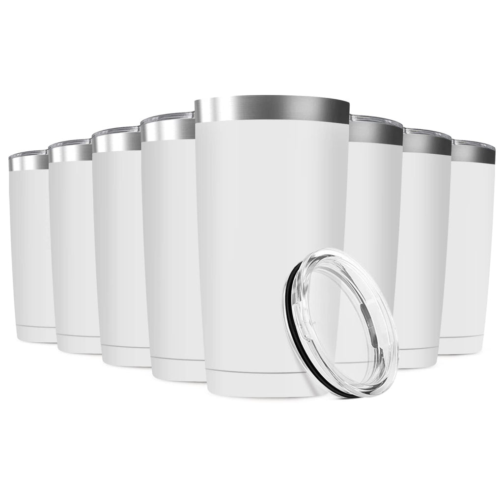 Deitybless 8 Pack 20oz Tumbler Vacuum Insulated Travel Mug with Lids, Stainless Steel Double Wall Bulk Cup for Home, Office, Outdoor Suitable for Vehicle Cup Holders(White)