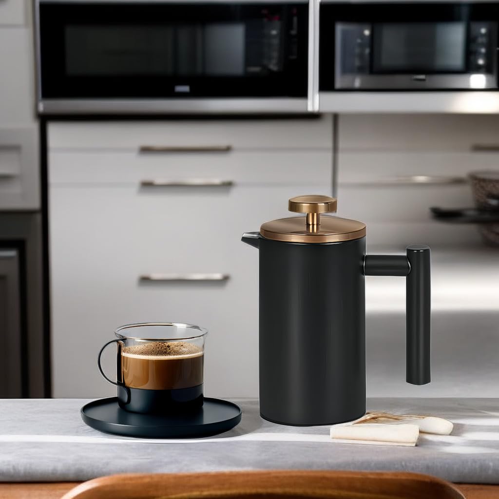 Meelio Small French Press Coffee Maker 350ml/12oz, Black Stainless Steel Double-Wall Insulated, Included 2 Extra Filters and 1 Coffee Spoon (1 Cup)
