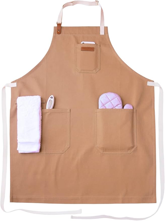 Kitchen Apron, Mens Womens Professional Chef Bib Apron for Cooking Grill BBQ, Cotton with Pockets Towel Loop and Adjustable Neck Straps