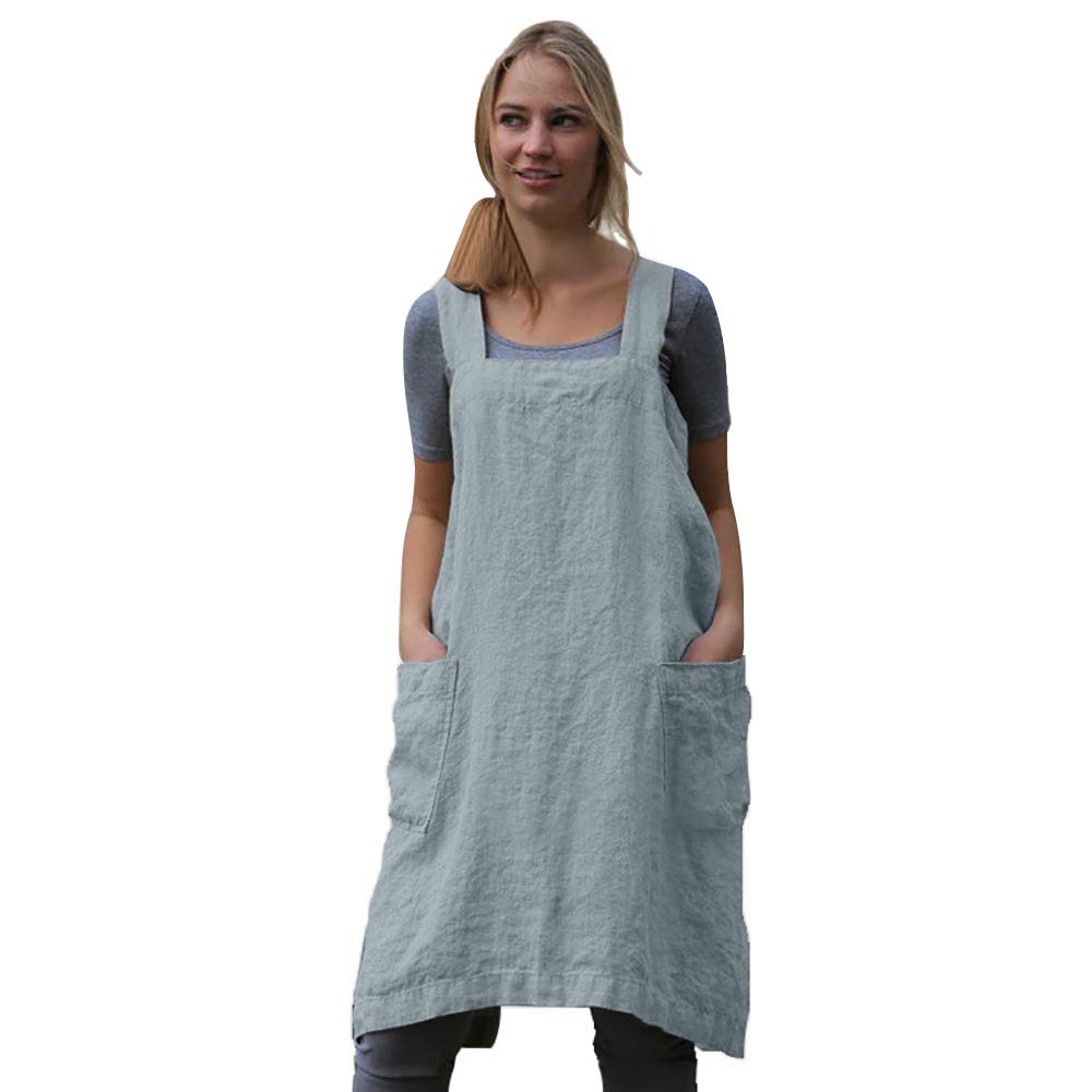 Larmliss Women's Pinafore Square Apron Baking Cooking Gardening Works Cross Back Cotton/Linen Blend Dress with 2 Pockets Light Blue-L