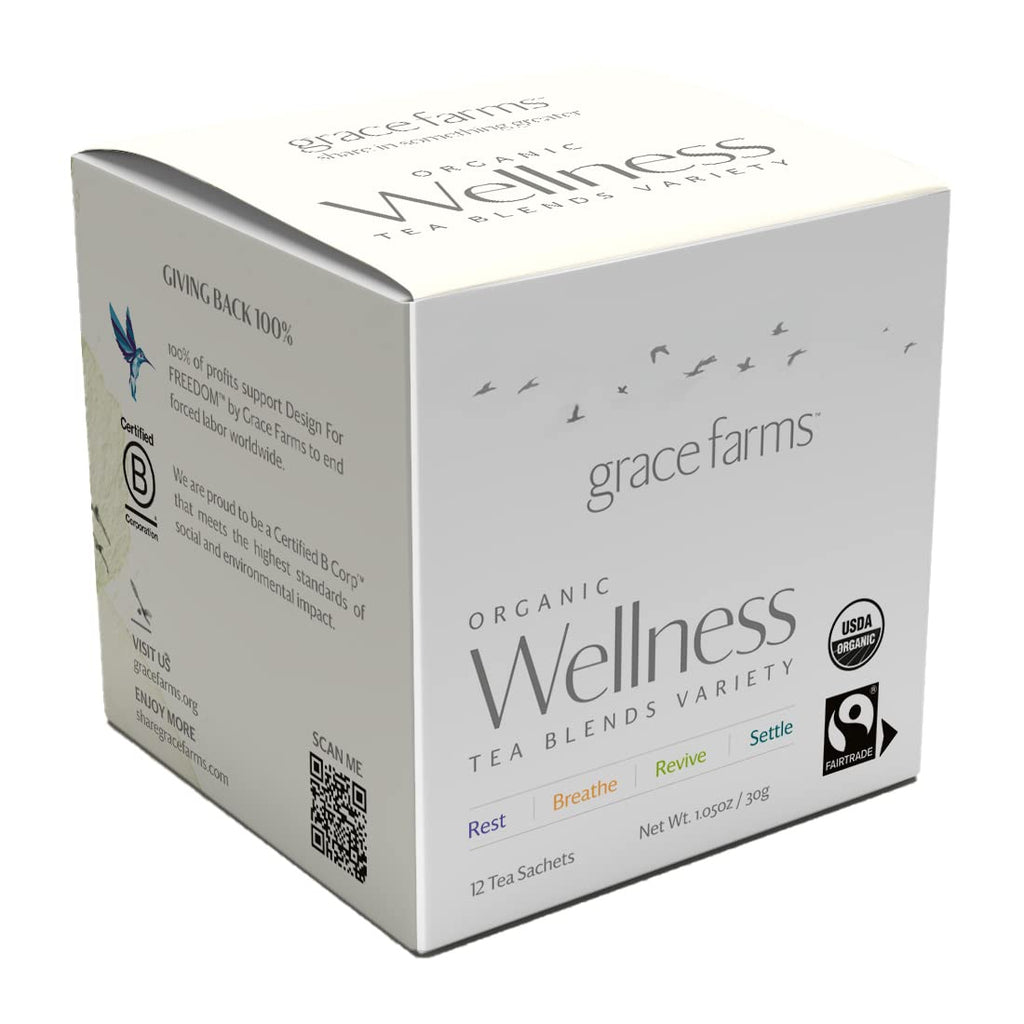 Grace Farms Wellness Organic Tea Blend Variety Box (12 Enveloped Sachets) | 4 Wellness Tea Variety | 3 Sachets of Each Tea With Adaptogens | Fairtrade & Kosher | Gives Back 100% of Profits
