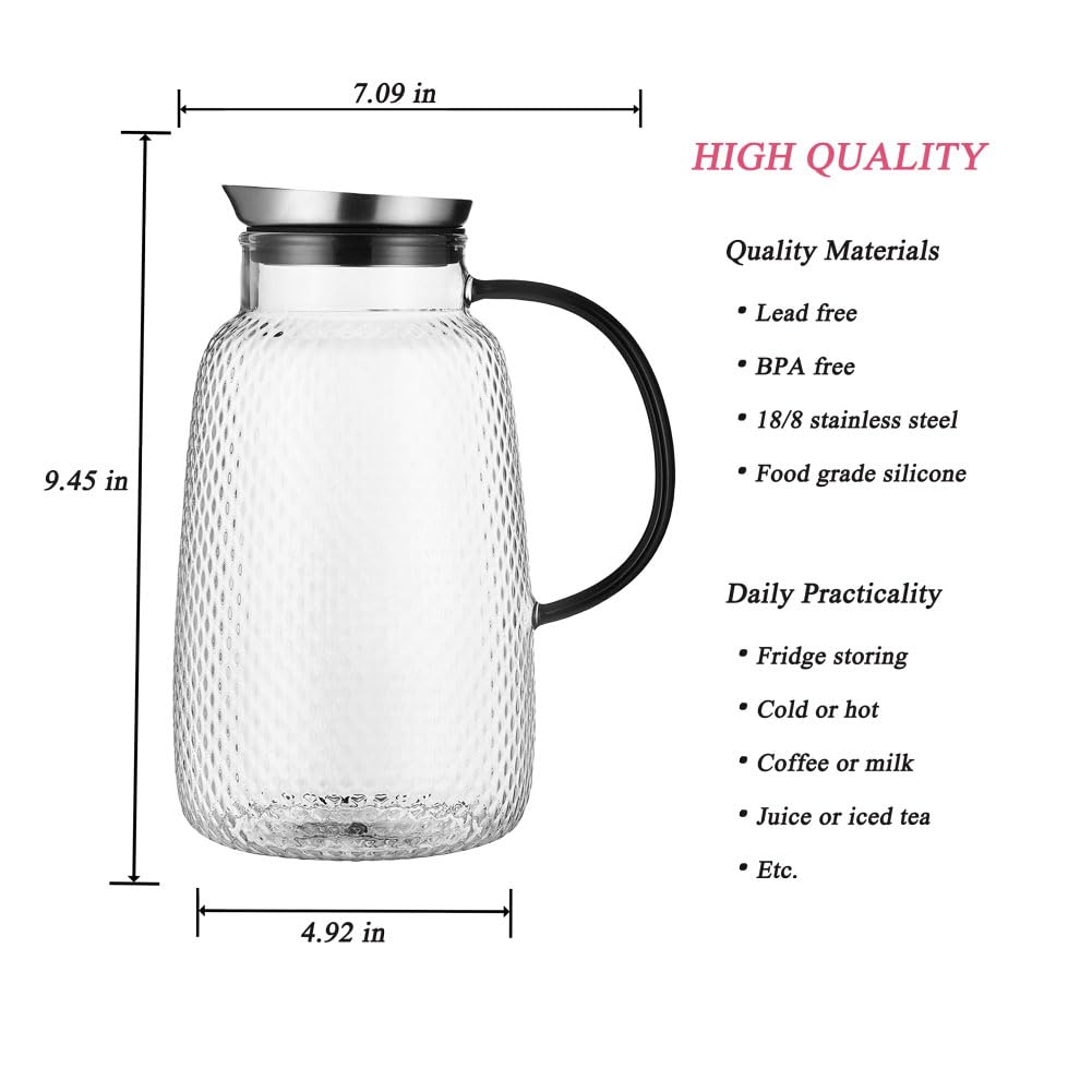 Purefold Pitcher with Lid, Glass Jug with Stainless Steel Lid for Hot and Cold Water, Fruit Tea, Coffee Maker, Ice Tea, Juice, Pineapple Series (Clear, 80 oz)