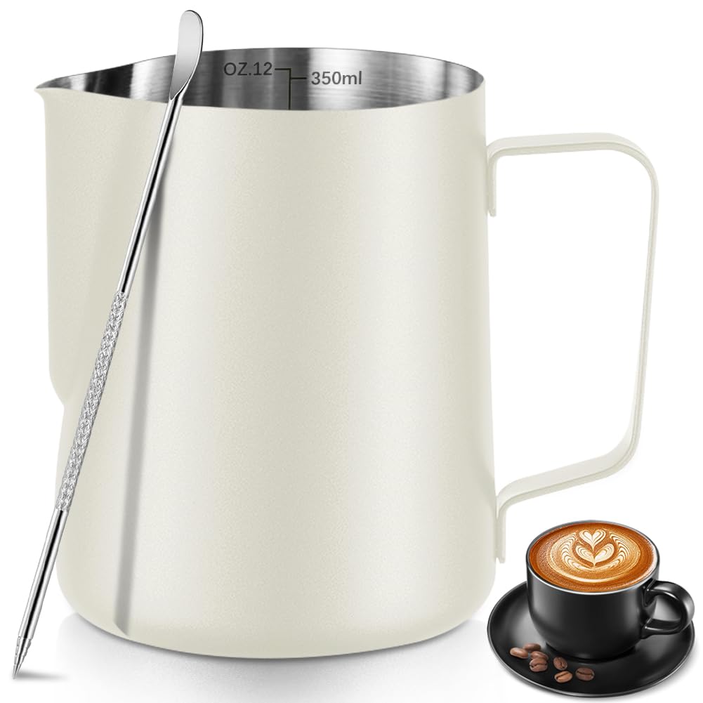 Milk Frothing Pitcher Stainless Milk Cup with Art Pen (White, 350, Milliliters)