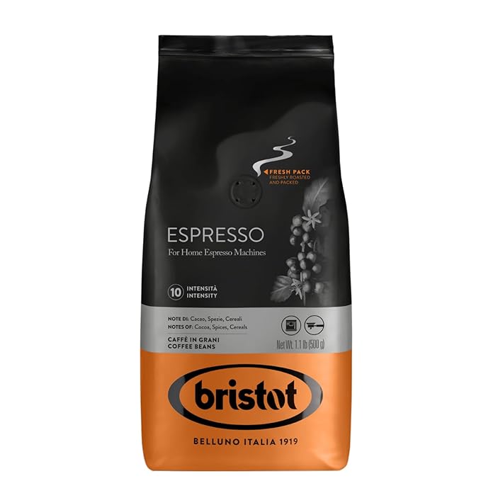 Bristot Italian Espresso – Medium Roast Coffee Beans for Espresso Machines – Rich Aroma of Cocoa, Spices & Cereals – 1.1 lb (500 g)